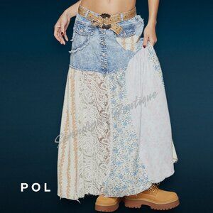 POL Boho Gypsy Flounce Flowy High Waisted Denim Lace 100% Cotton Maxi Jean Skirt